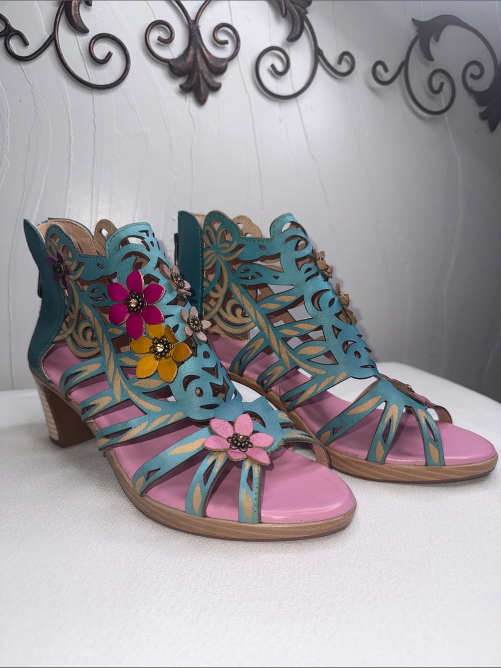 Teal Floral Cutout Leather Heels with Pink Insole